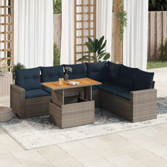 vidaXL 7-delige Loungeset met kussens poly rattan grijs, foto 2