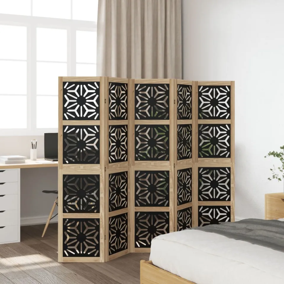 vidaXL Kamerscherm met 5 panelen massief paulowniahout bruin en zwart, foto 3