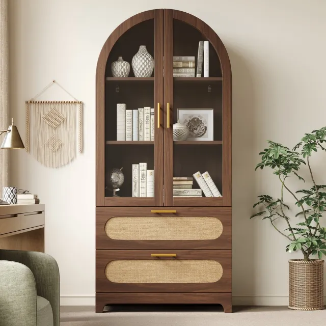 REDOM Vitrinekast - Montmartre-boogvorm met glazen deuren - 3 verstelbare legplanken en 2 lades - Retro-stijl - Woonkamer - MDF en metaal - Hout - 80 x 40 x 175 cm