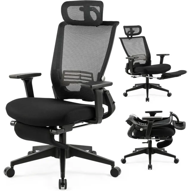 Vankel Ergonomische bureaustoel met voetensteun - inklapbaar - verstelbare rugleuning en hoofdsteun - 90°-128° verstelbaar - mesh - tot 150 kg - zwart Diepzwart
