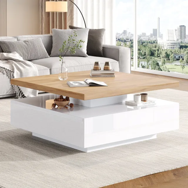 MODENUIT Salontafel - 360° Draaibaar Met Lade - Voor Woonkamer - Spaanplaat In Hoogglans Wit En Walnoot - 70x70x36 Cm