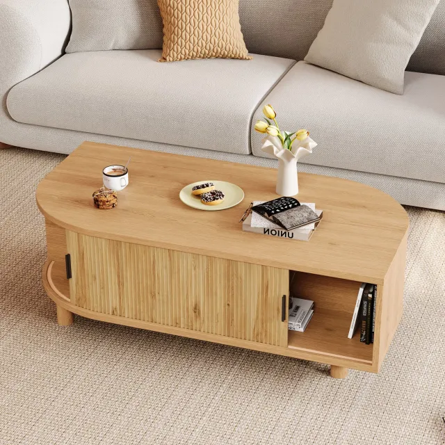 STILVORA Salontafel - 2 Roldeuren Met Opbergruimte - Voor Woonkamer En Zithoek - MDF En Spaanplaat - 100 x 50 x 35 cm - Natuurlijke Houtkleur Naturel houtkleur