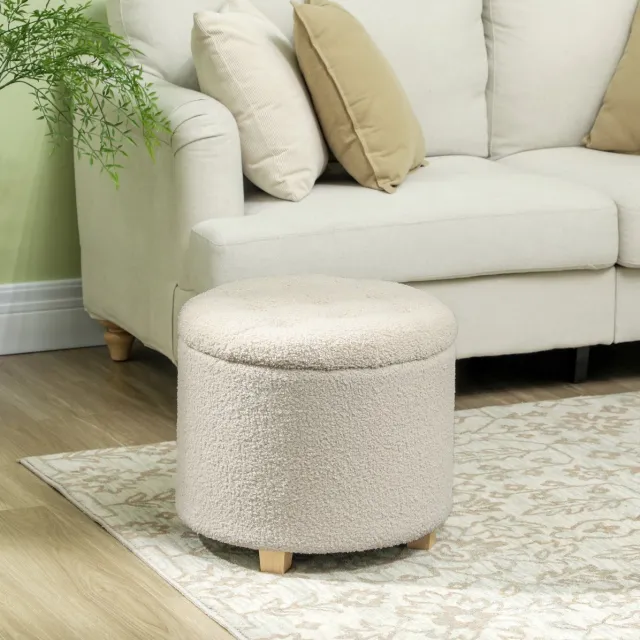 MEUNIQ ronde opbergpoef 45 x 41 cm met deksel en verborgen opbergruimte, gestoffeerde poef met gecapitonneerde zitting voor woonkamer slaapkamer of hal, crème Crèmewit