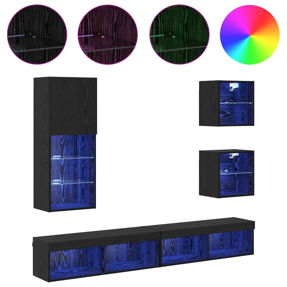 vidaXL TV Wand Eenheden met LED 5 st Zwart Eiken 100 x 30 x 30 cm, foto 4