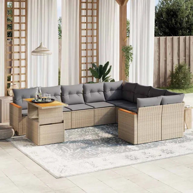 vidaXL 10-delige Loungeset met kussens poly rattan beige, foto 2