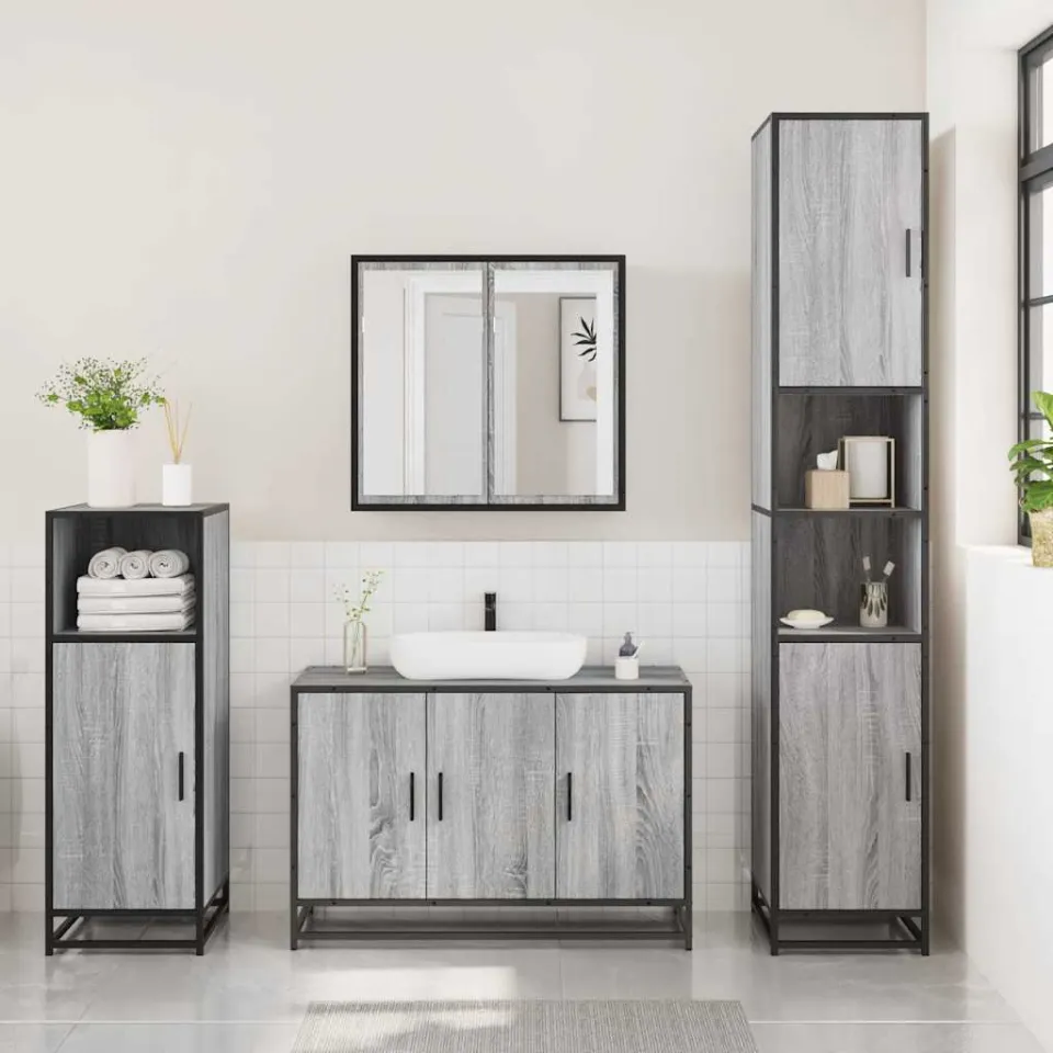 vidaXL 3-delige Badkamermeubelset bewerkt hout grijs sonoma eikenkleur, foto 3