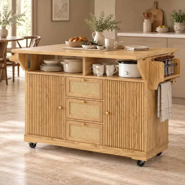 Wishdor Keukeneiland op wielen - Opklapbaar blad aan beide zijden - PE-rattan lades en opbergruimte - Serveerwagen voor keuken balkon en camping - MDF en metaal - Natuurlijk houtkleurig - 142,5 x 80 x 95 cm Naturel houtkleur