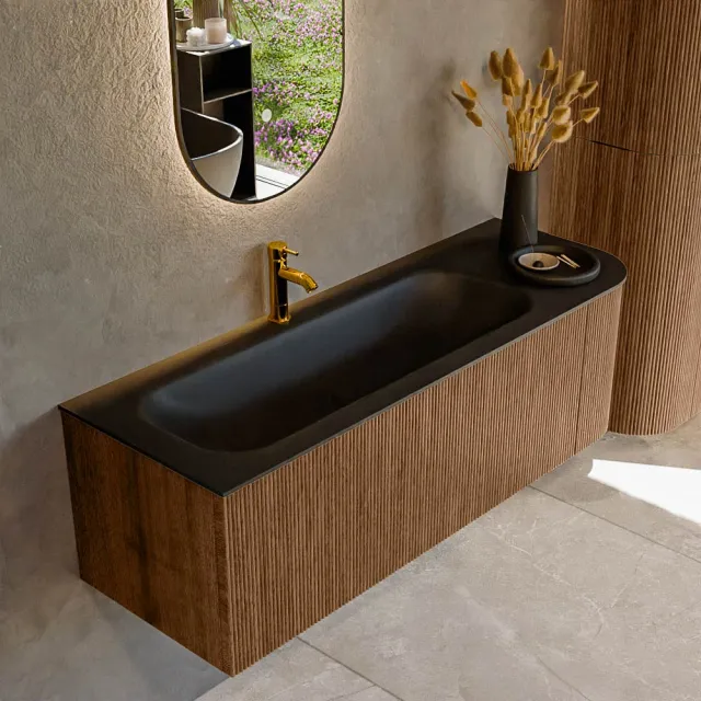 Mondiaz KURVE 135 cm Onderkast Greeploos 1 Lade Met Deuren Walnut, Wastafel Solid Surface Links Urban 1 Kraangat Zonder Spiegel (KRVBGM135R1L1D1KL-Wal/Urb)