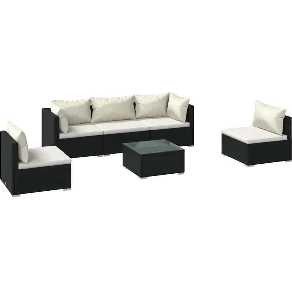 vidaXL 6-delige Loungeset met kussens poly rattan zwart