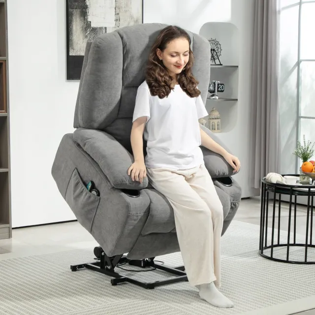 MIVRAY Relaxfauteuil 97 x 90 x 102 cm - Elektrische Sta-opfunctie Met Massage, Verwarming En Ligfunctie - Voor Woonkamer - Stof Donkergrijs