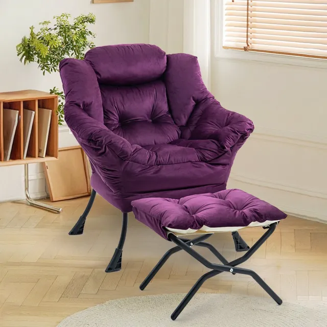 Welltin Fauteuil met voetenbank - Moderne Relaxstoel - Gestoffeerde bankstoel - Flueel - Zijzakken - Opvouwbare voetenbank - Ritssluiting installatie - Wit Paars