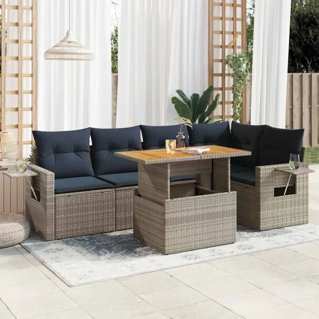 vidaXL 6-delige Loungeset met kussens poly rattan grijs, foto 2