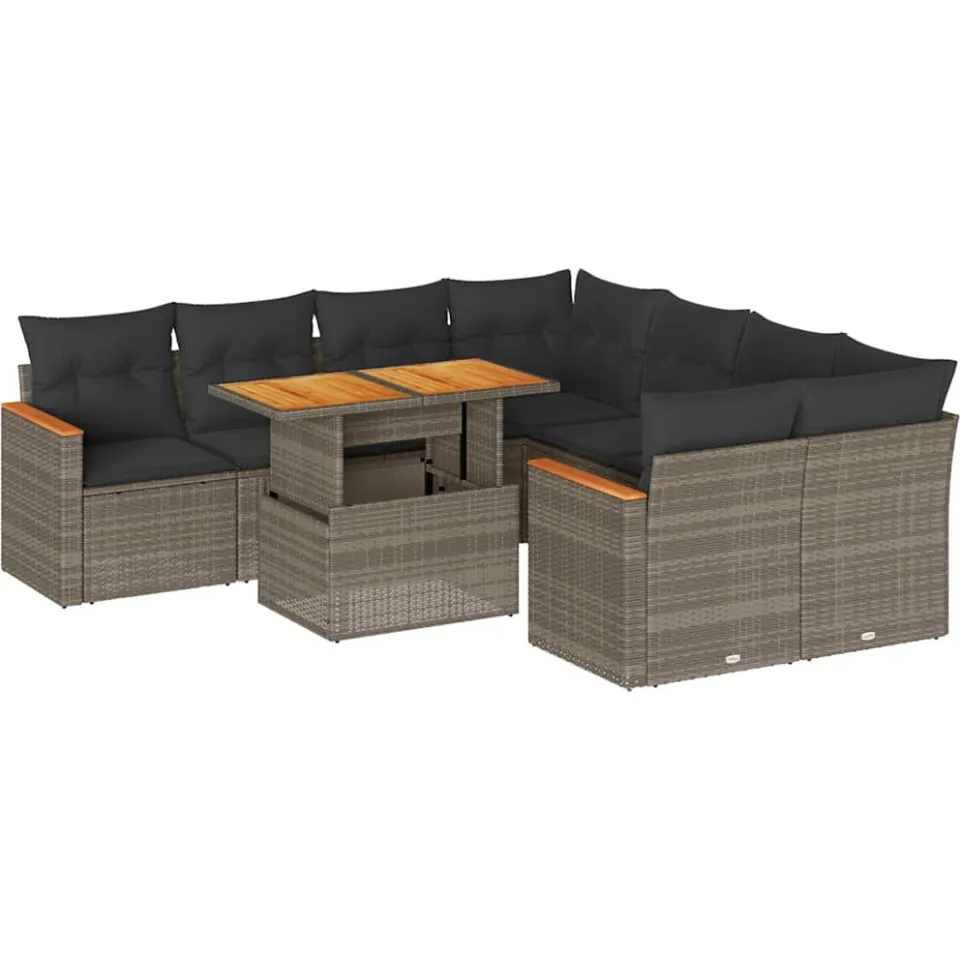 vidaXL 9-delige Loungeset met kussens poly rattan acacia grijs, foto 3