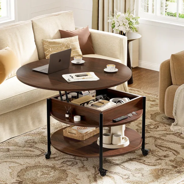 FABATO CT009-Ronde Salontafel-Espresso-In Hoogte Verstelbaar-Met Wielen-2 Etages-Espresso