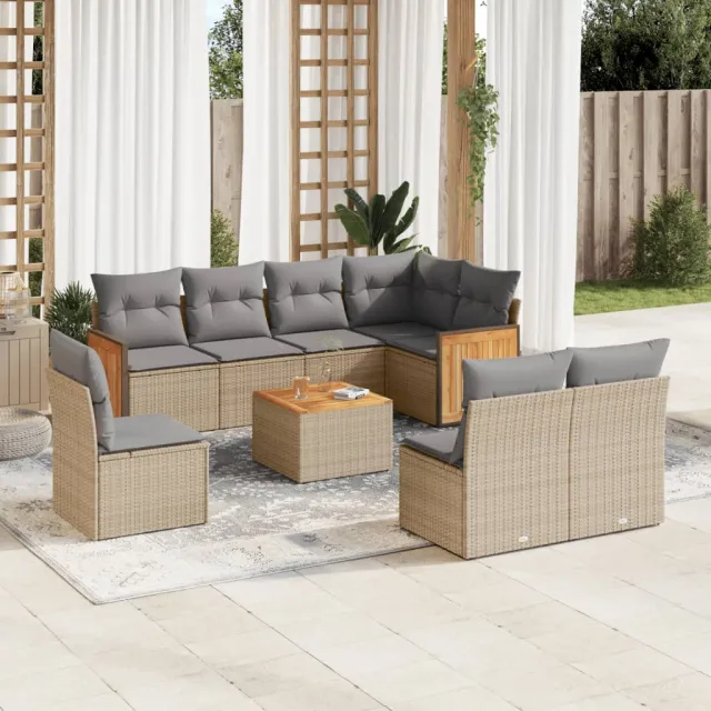vidaXL 9-delige Loungeset met kussens poly rattan gemengd beige, foto 2