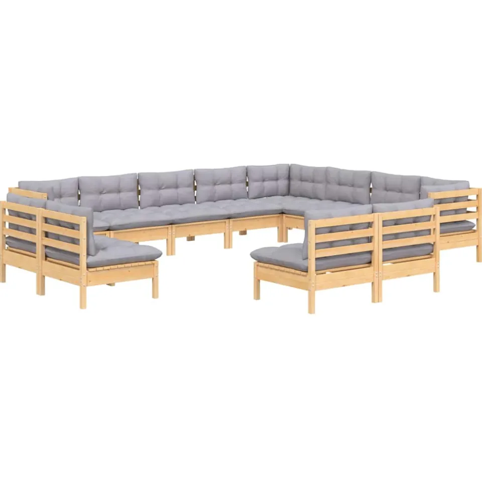 vidaXL 12-delige Loungeset met grijze kussens massief grenenhout Grijs