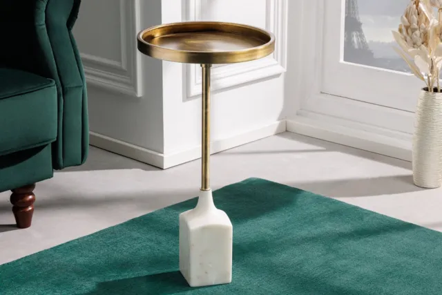 Invicta Interior Design bijzettafel TRAYFUL 60cm antiek goud wit marmeren voet handgemaakt rond - 42721 Zie omschrijving