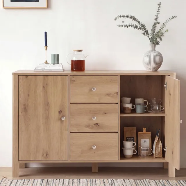 MEUNIQ dressoir 120 x 40 x 80 cm met 3 lades en 2 deuren, sideboard opbergkast voor eetkamer, woonkamer, slaapkamer of hal, eiken Oak