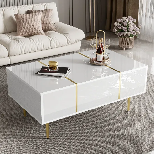 COVREO Salontafel 100 x 60 x 41,5 cm - wit hoogglans, 2 lades, MDF en metalen details