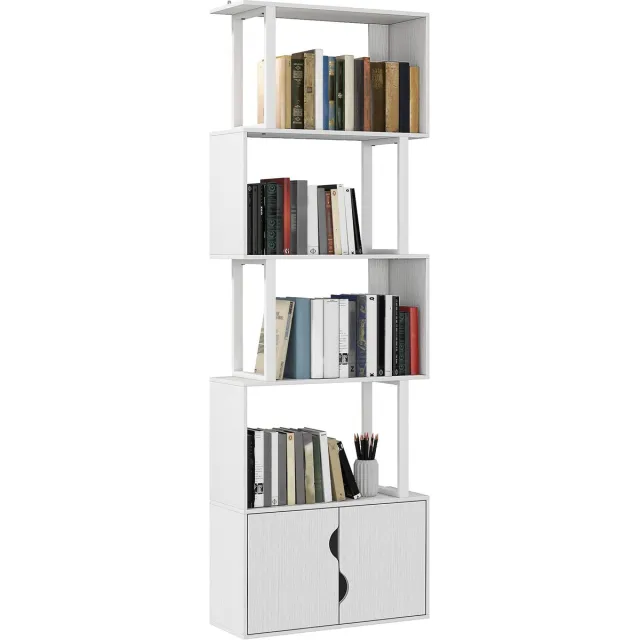 ECTEATOY Boekenkast - Vakkenkast met 5 niveaus en 2-deurs kast - houtlook - 60 x 23,8 x 179,2 cm - wit