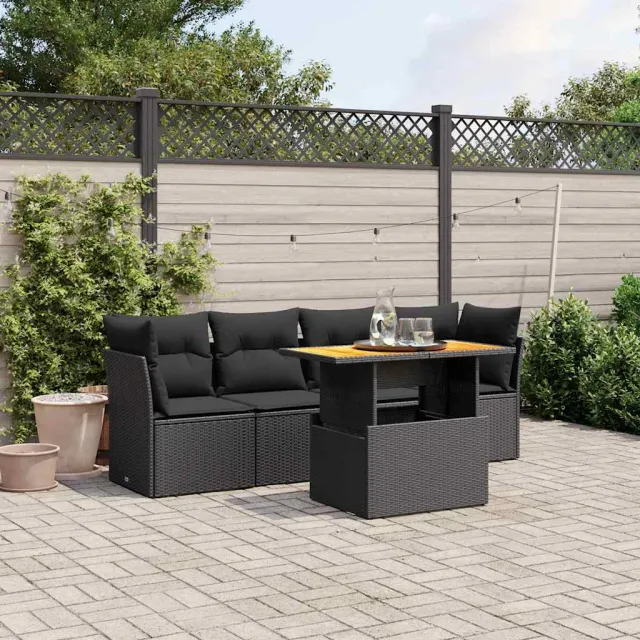 vidaXL 5-delige Loungeset met kussens poly rattan zwart, foto 2