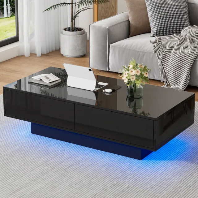 Wishdor Salontafel 115x55x34 cm van spaanplaat, hoogglans zwart met 2 lades, LED-verlichting en opbergruimte