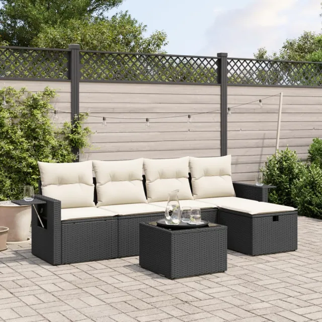 vidaXL 6-delige Loungeset met kussens poly rattan zwart, foto 2