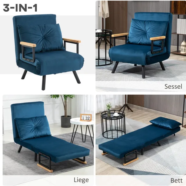 HAUSS SPOLE Relaxfauteuil - Slaapstoel Met Verstelbare Rugleuning En Bedfunctie - Fauteuil Voor Woonkamer En Logeerkamer - Velvet Blauw