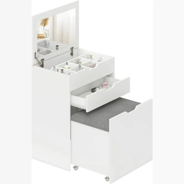 NordHaus Make-up Kaptafel - Kaptafel met Spiegel - Kaptafel met Kruk - Verborgen Opbergruimte - 60x40x114 cm Wit