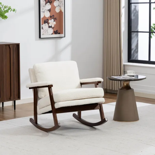 REDOM Fauteuil - Schommelconstructie - Hoge dichtheid schuimvulling - Met lumbalkussen en armleuningen - Retro stijl - Woonkamer - Hout en velvet - Wit - 83 x 73 x 80 cm