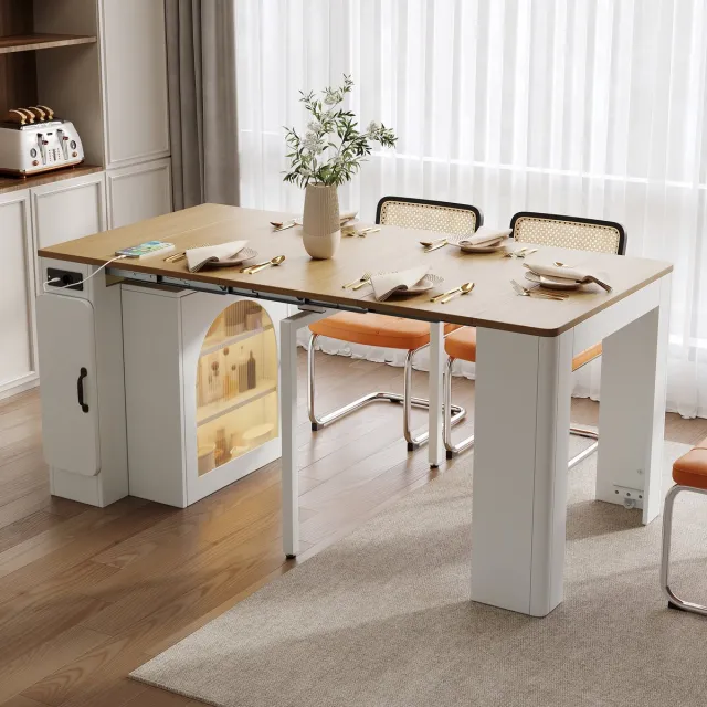Sweiko Uitschuifbare Eettafel - LED-verlichting - Dressoir - Bartafel - Marmerlook - Natuurlijke + Wit
