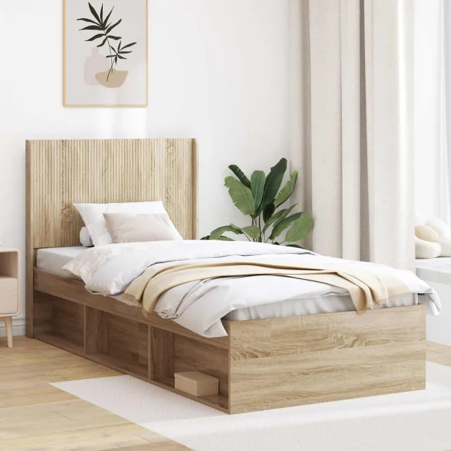 vidaXL Bedframe met opbergruimte en hoofdbord 2 st Bewerkt hout Bruin