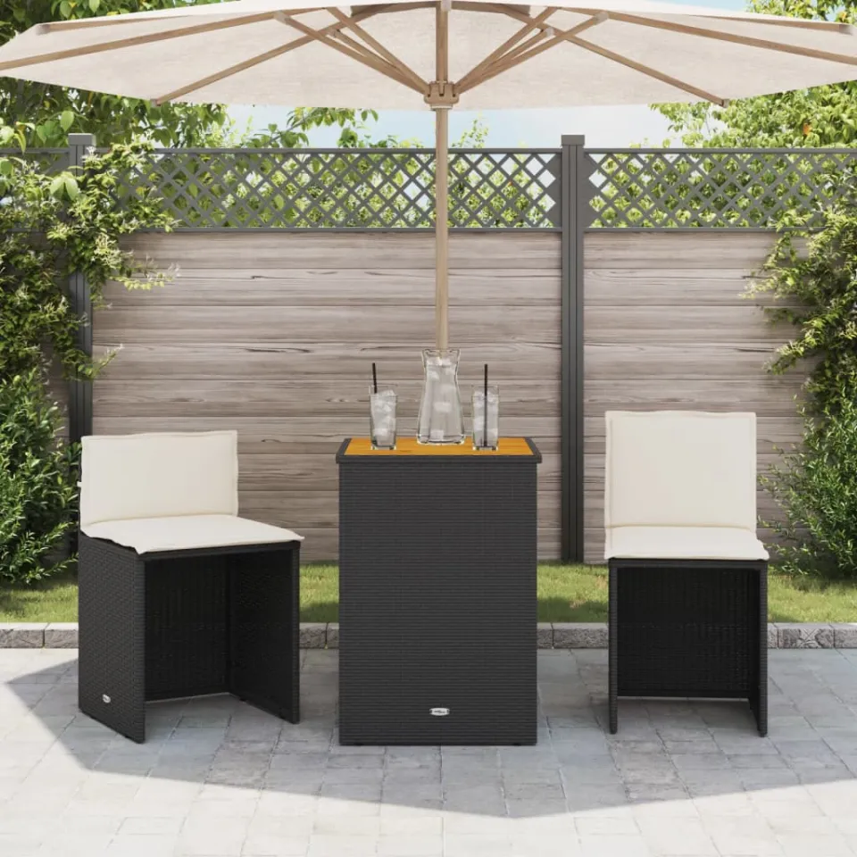 vidaXL 3-delige Bistroset met kussens poly rattan zwart, foto 2