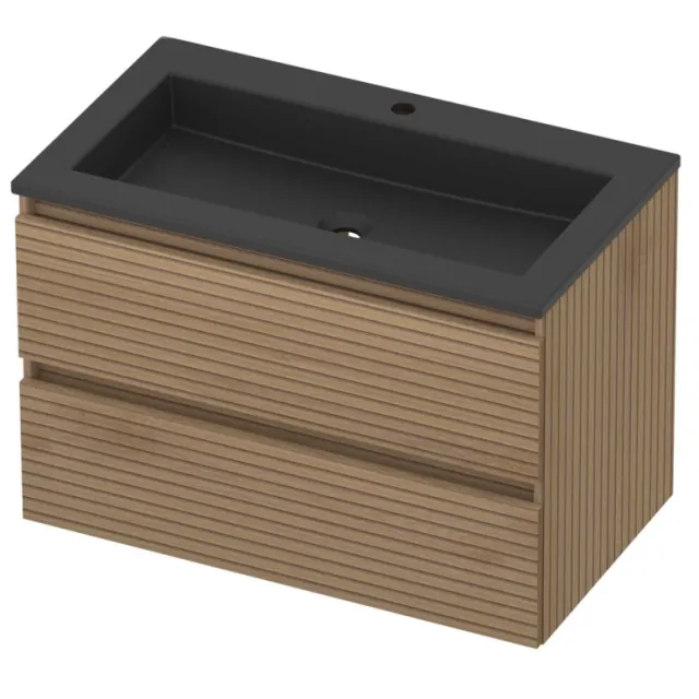 Basic-Line Aura 46 Badmeubelset Acryl 1 Kraangat Greeploos 80x46x54 cm Lamello Oak Mat Zwart