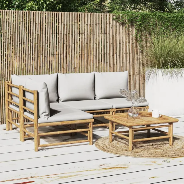 vidaXL 5-delige Loungeset met kussens bamboe lichtgrijs Bruin