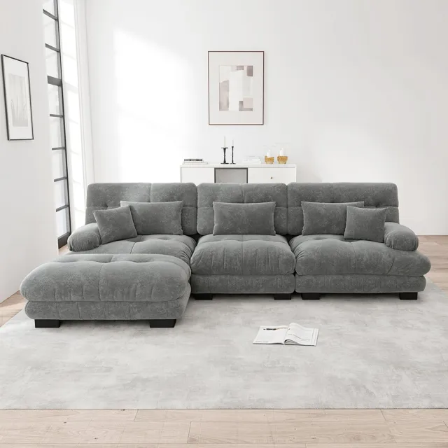 KOMHTOM BLACKCOLORS Luxe modulaire hoekbank - Oversized Cloud-bank in L-vorm voor woonkamer, diepe slaapbank met poef, corduroy, grijze chenille Grijs