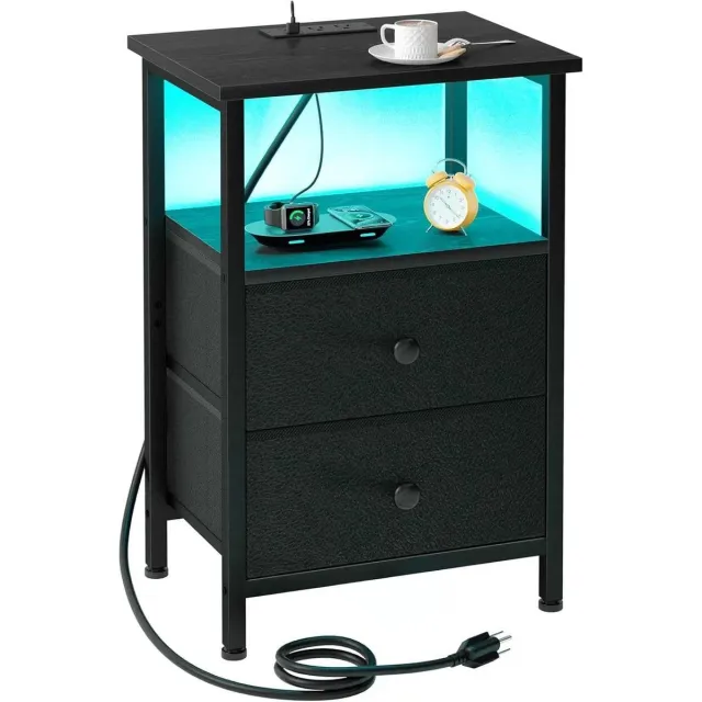 FurnStar Nachtkastje met Oplaadstation – Bijzettafel met App-gestuurde Verstelbare LED Verlichting – 1 Open Vak & 2 Laden – Inktzwart / Ebbenzwart