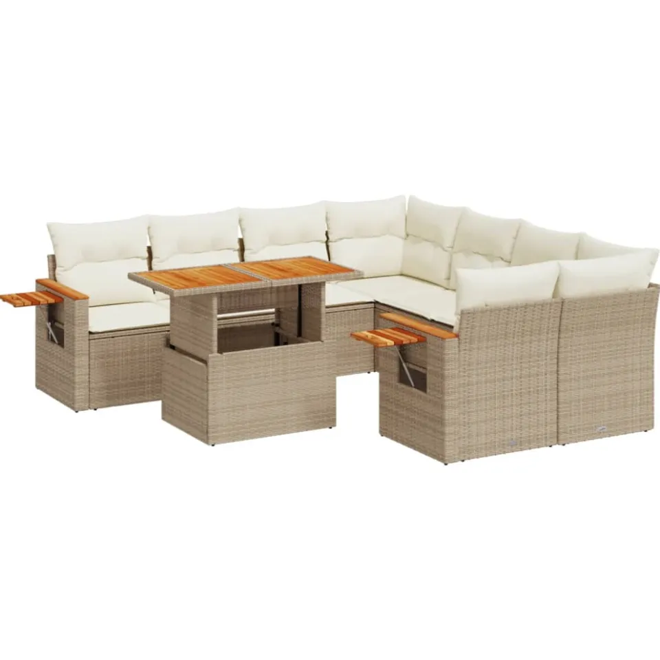 vidaXL 9-delige Loungeset met kussens poly rattan beige