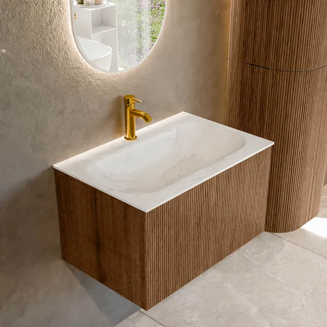 Mondiaz KURVE-DLUX 70 cm Onderkast Greeploos 1 Lade Zonder Deuren Walnut, Wastafel Solid Surface Volledig Ostra 1 Kraangat Zonder Spiegel (KRVBGS701L0D1KM-Wal/Ost)