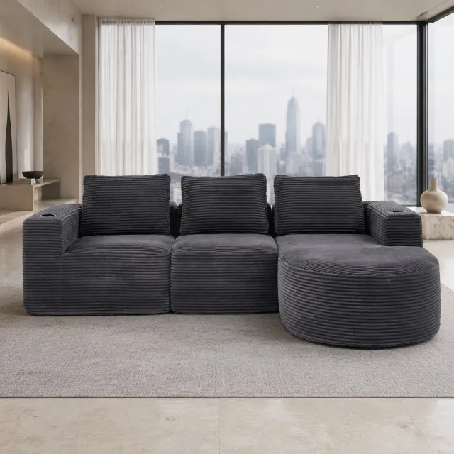 WUVRIE Hoekbank 265x176 cm - Met 3 kussens en dubbele bekerhouder - Donkergrijs