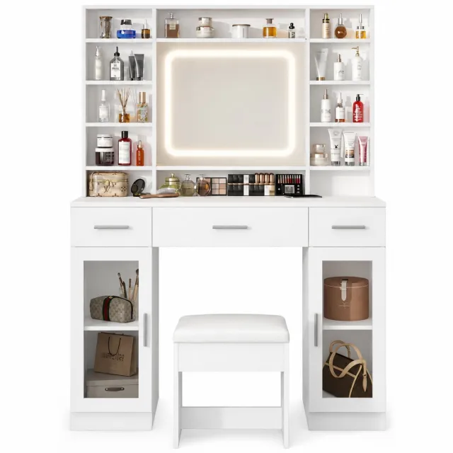 Vurnomi Make up tafel - Kaptafel met spiegel en verlichting - Kruk met opbergruimte - USB poort - Kaptafel - 110x40x140 cm - Wit