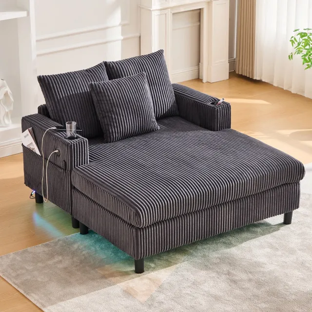 MEUNIQ Relaxfauteuil met armleuningen, 142 x 128 x 85 cm, diepe zit, USB-aansluiting, bekerhouder, LED-verlichting, donkergrijs corduroy