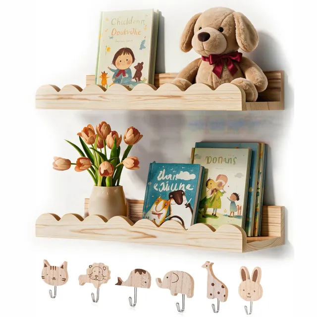 Flintry Zwevende Wandplank 2 stuks met 6 dierenhaken - 42 cm - Houten boekenplanken voor kinderkamer - Golvende rand wandplanken - Boekenplanken voor slaapkamer, babykamer en kinderkamer - hout 2 stuks met 6 dierenhaken - hout - 42 cm