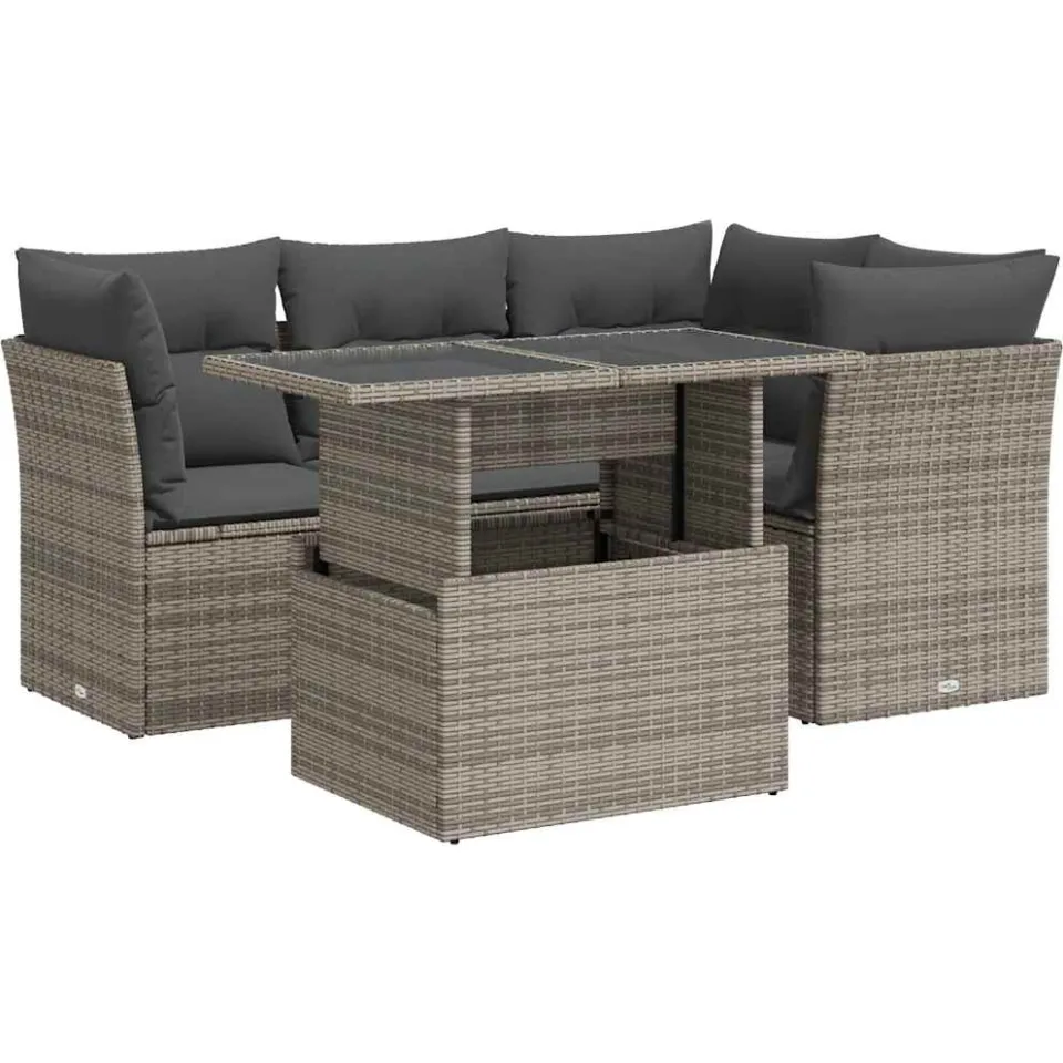 vidaXL 5-delige Loungeset met kussens poly rattan grijs, foto 3