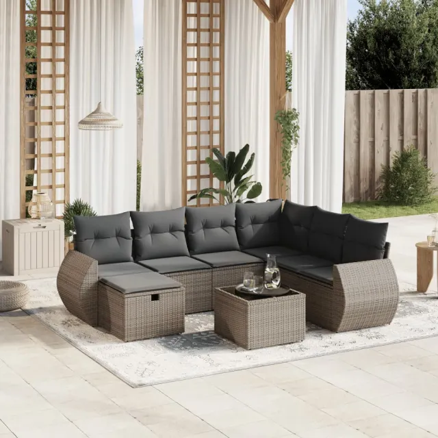vidaXL 8-delige Loungeset met kussens poly rattan grijs, foto 2