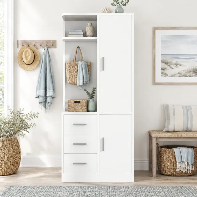 Wishdor Kledingkast met lades en hanggedeelte - Open vakken en haken voor kleding en accessoires - Deels open en gesloten opbergruimte - Slaapkamer kinderkamer - Hout met metaal en MDF - Wit - 70 x 50 x 170 cm