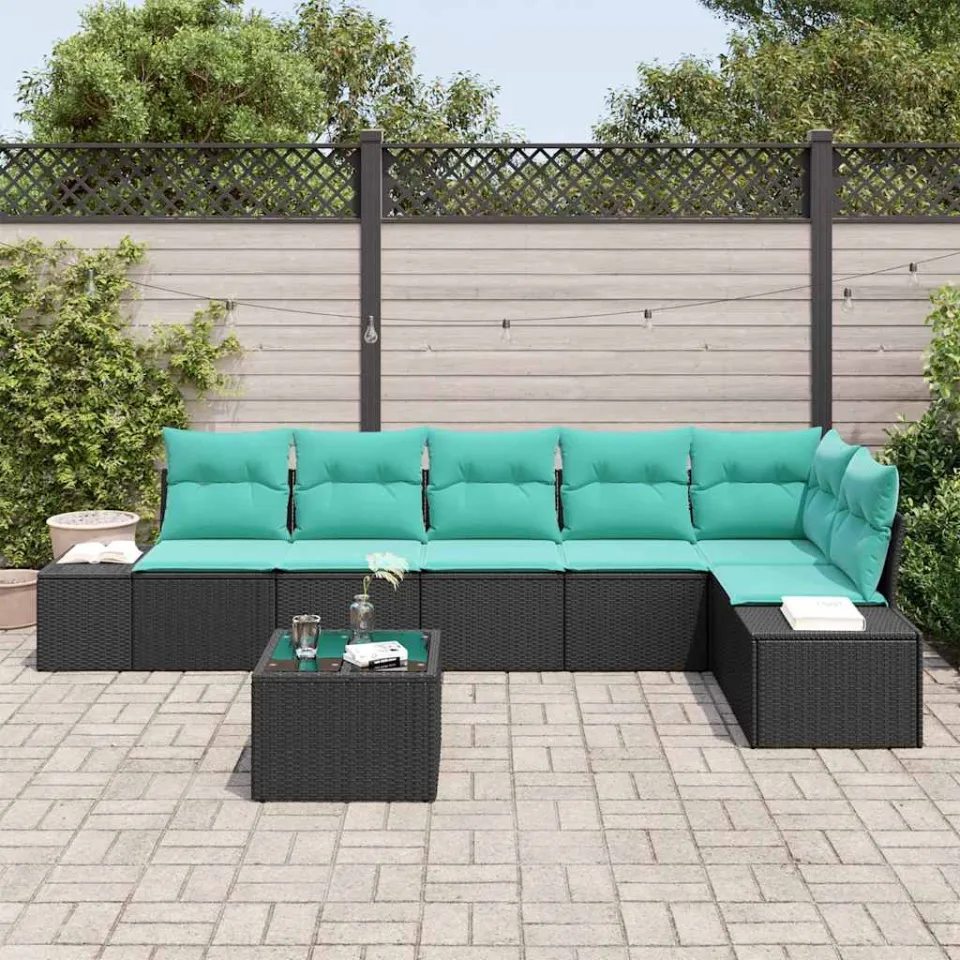 vidaXL Tuinbankenset met opslag Zwart en Turquoise poly rattan, foto 3