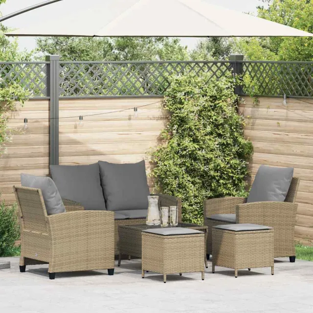 vidaXL 6-delige Loungeset met kussens poly rattan beige, foto 2