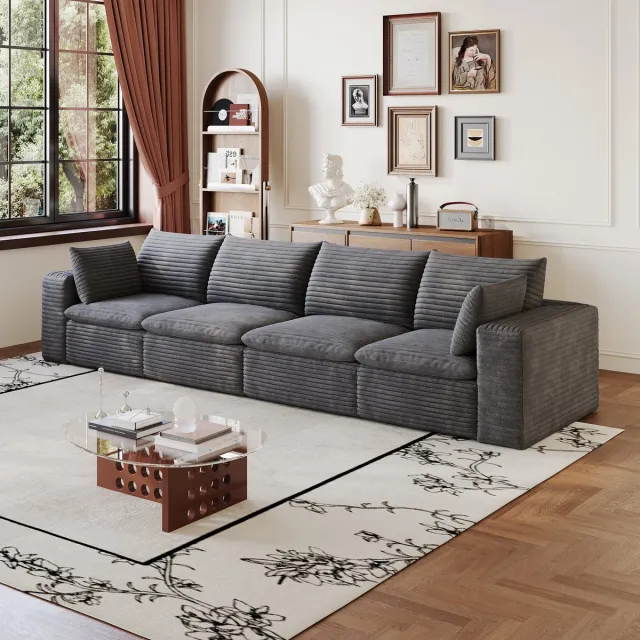DESMIU Zitbank 340 Cm - 4-Zits Rechte Bank Met Afneembare Bekleding En Dubbele Laag - Voor Woonkamer En Lounge - Corduroy Stof - Donkergrijs