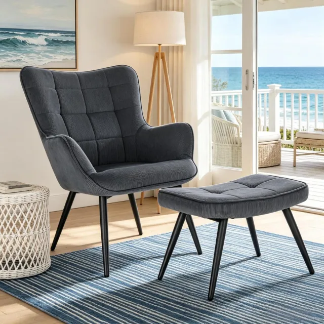 REDOM Fauteuil met hocker - Hoge rugleuning en armleuningen - Dikke schuimvulling - Corduroy stof - Donkergrijs - 50 x 49 x 97 cm